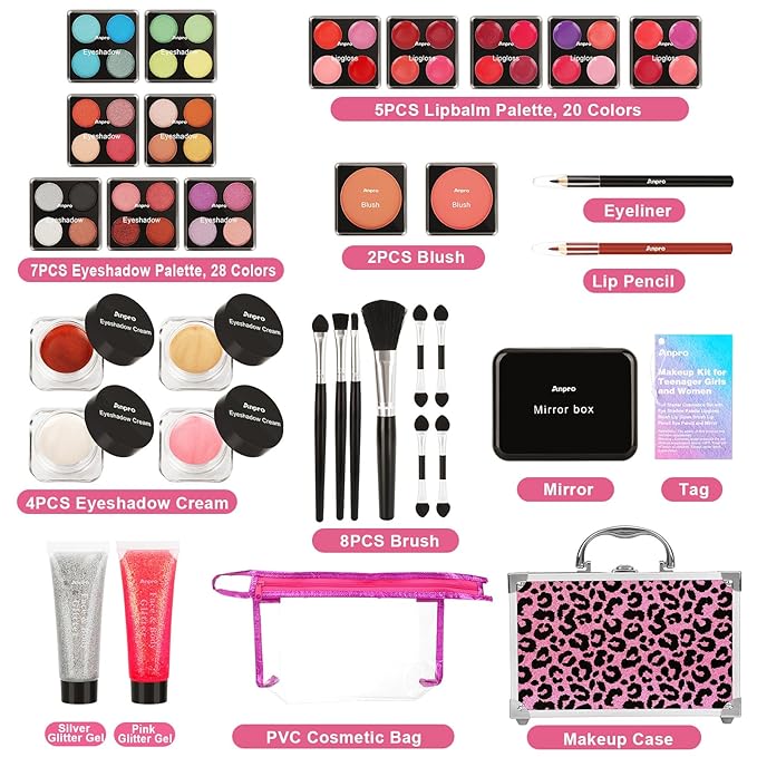 Anpro All-In-One Makeup Kit for Girls 10-12 with Case, Pro Teen Makeup Set, Tween Makeup Kit for Teens Women, Full Starter Make Up Kit with Brushes, Lipstick, Eye Shadows Palette, Blushes, Glitter Gel