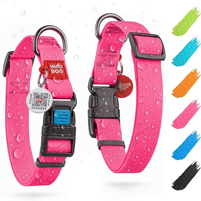 WAUDOG Waterproof Dog Collar - Adjustable Dog Collar for Large Dogs, Small and Medium Dogs - Heavy Duty Dog Collars with Durable Metal Clasp and QR Dog Tag - Boy & Girl Dog Collars