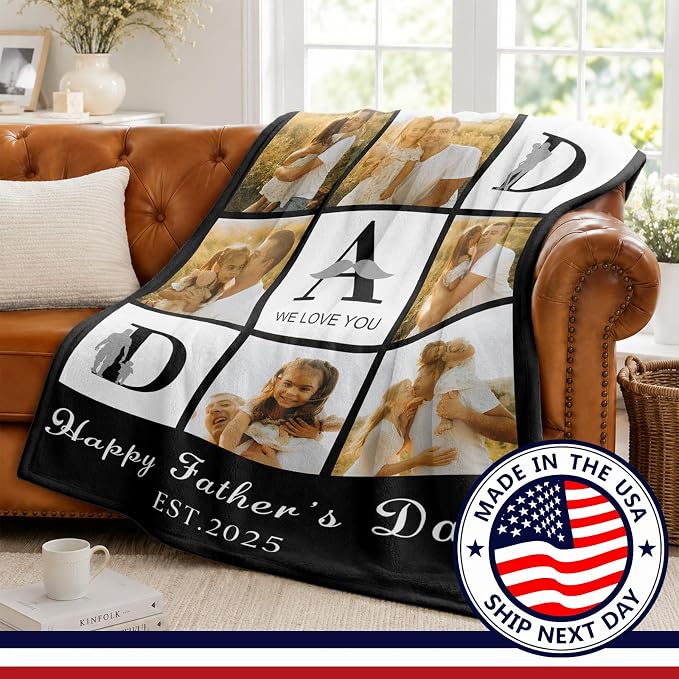Fathers Day Birthday Gift for Dad Custom Blanket with 6 Photo & Text, Personalized Blankets with Picture to My Dad, HD Printing Customized Flannel Throw Blanket Gifts for Best Daddy Grandpa Ever