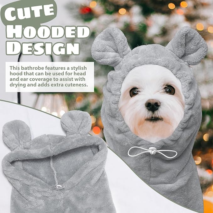 Dog Bathrobe Super Absorbent Towel Robe - Microfiber Bath Towels Fast Drying Coat for Dogs, Cute Dogs Clothes Adjustable Collar & Belly Strap Warm Keeping Hooded Dog Towel (Grey, XX-Large)
