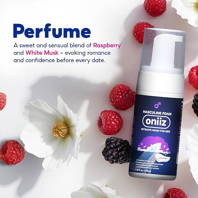 ONIIZ Masculine Foam Perfume Intimate Wash for Men, Triple-Barrier Intimate Defense - Prevents Odor & Itching, Natural Ingredients, pH Balance - Sweet & Alluring Aroma 3.38 fl. oz