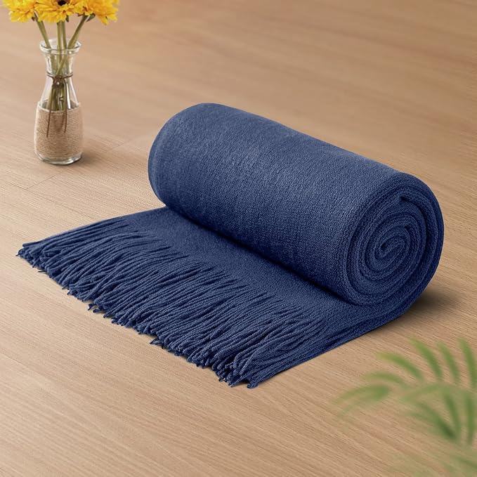 Vonty Royal Blue Knitted Throw Blanket with Tassels Fringe, 50x60 Acrylic | Super Soft And Lightweight, Year-Round Cozy Warmth, Farmhouse Decorative Style, Machine Washable, for Couch, Sofa or Bed