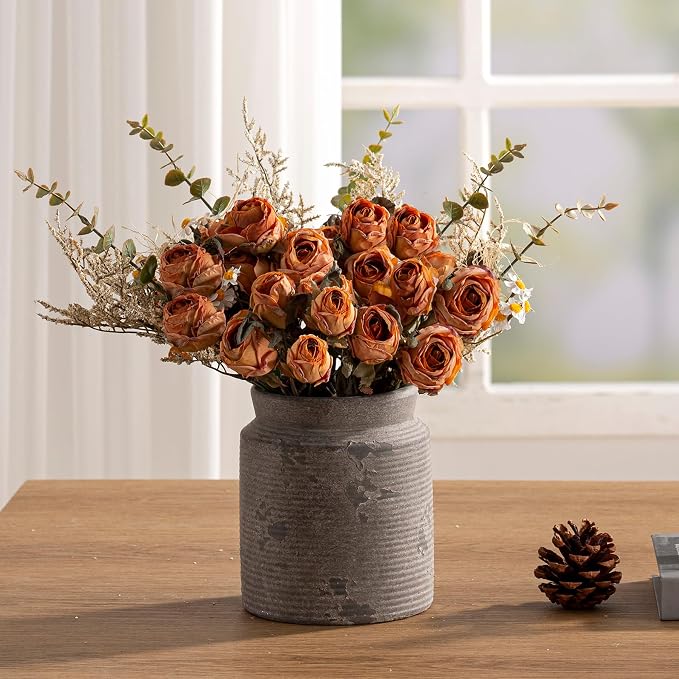 Ceramic Flower Vase 6.5 inch Farmhouse Rustic Vase for Home Decor Handcrafted Pottery Vase Small Terracotta Vases for Dining Table Fireplace Living Room Bathroom Wedding Centerpiece (S-Dark Gray)