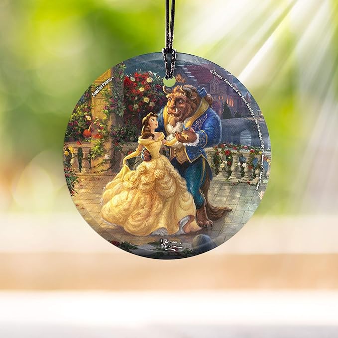 Thomas Kinkade Disney Dancing in The Moonlight Beauty and The Beast 3.5” Starfire Prints Hanging Glass Print Accessory SPCIR737