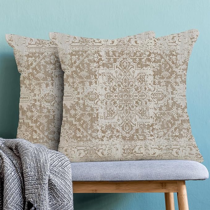 AEIOAE Boho Pillow Covers 22x22 Inch Set of 2,Carpet Pattern Throw Pillows Case,Brown Beige White Ethnic Design Outdoor Decorative Square Linen Farmhouse Decor Cushion Covers for Home Sofa Bed Couch