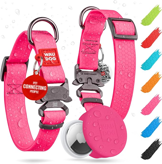 WAUDOG Waterproof Dog Collar Airtag Holder QR Tag Small Medium Large Dogs | Water and Dirt Resistant, Quick Dry QR Pet Tag Adjustable Durable Comfort for Male and Female Dogs Outdoor Walking Training