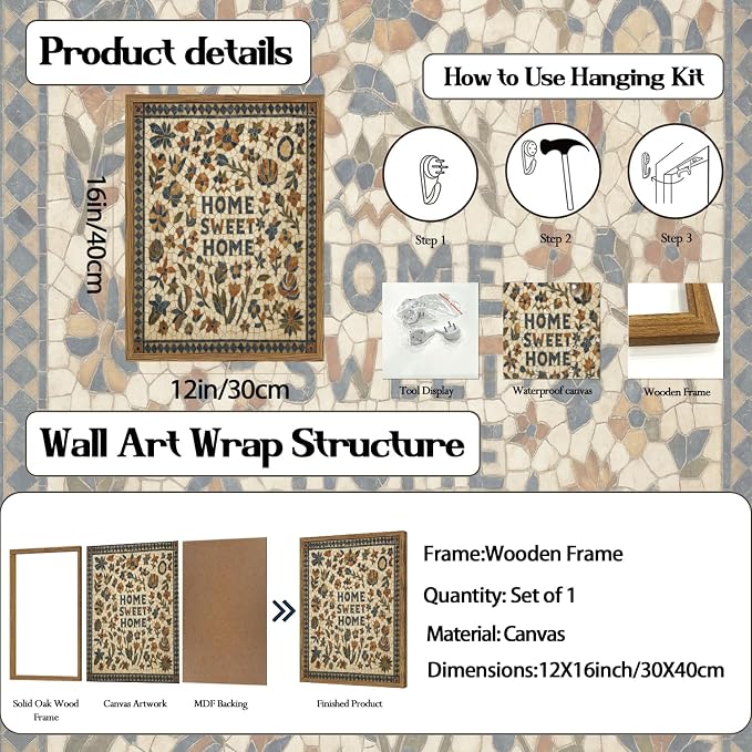 Vintage Mosaic Floral Wall Art Home Sweet Home Tile Florals Wall Decor Painting, Retro Country Boho Poster Canvas Print Picture for Living Room Bedroom 12x16 inch Wood Framed