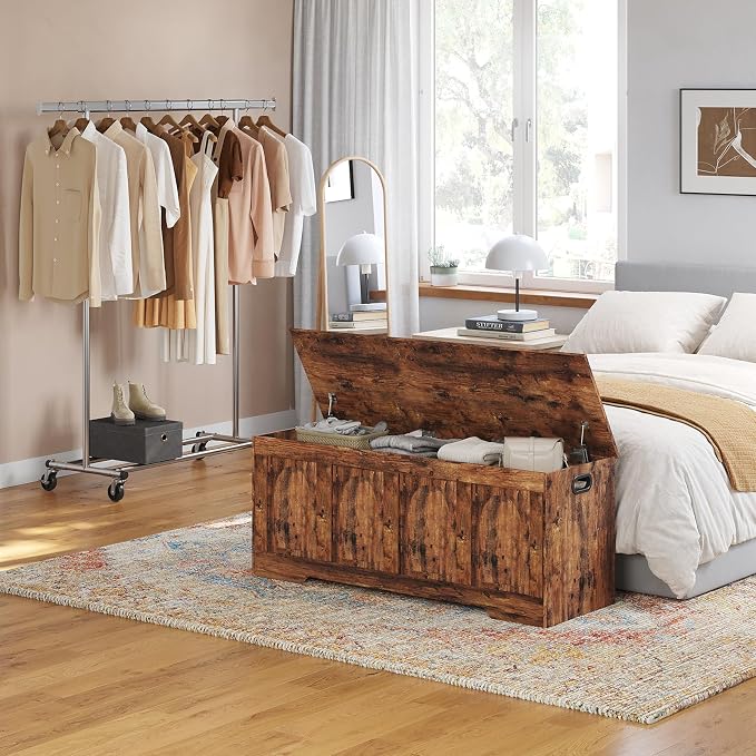 Storage Chest, Wooden Toy Box, Rustic Brown 47.2" L | Entryway Shoe Bench, 2 Soft-close Hinges, Finger-safe Flip-Top Lid, Easy Assembly, Farmhouse Large Trunk, Living Room/Bedroom