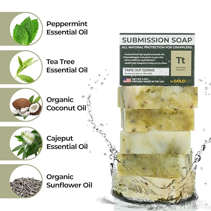 Premium Tea Tree Oil Soap - USA Made Bar Soap for BJJ, Jiu Jitsu, Wrestling, and Grappling (2-Pack of 4 Ounce Soap Bars, Peppermint Tea Tree)