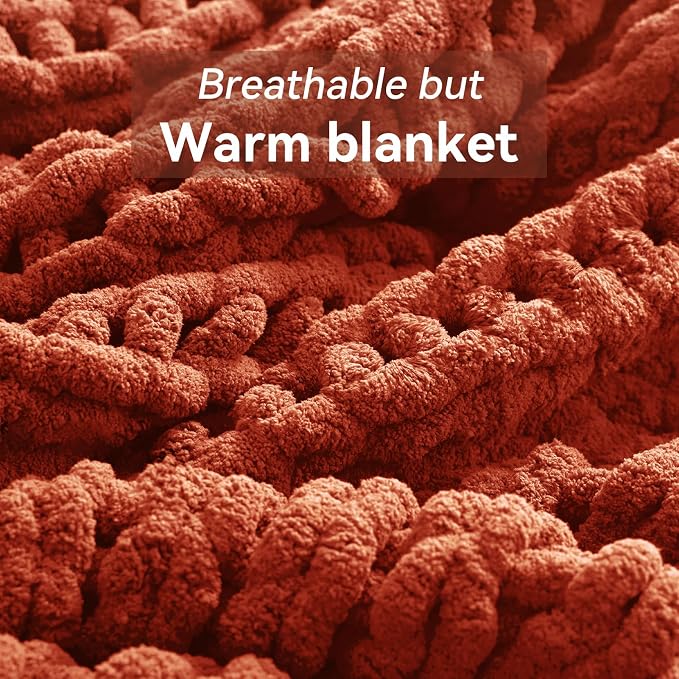 Negwoo Chunky Knit Throw Blanket, Knitted Throw Chenille Yarn, 60"*80" | Soft Thick Cable Knitted Blankets, Handmade Big Thick Blanket, Machine Washable Cute Comfy Blanket for Home Decor, Orange