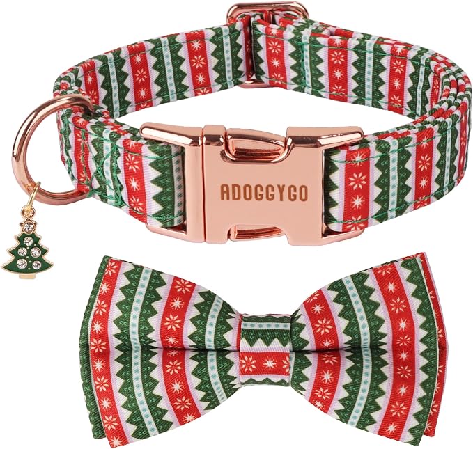ADOGGYGO Christmas Dog Collars with Bow, Detachable Stripe Xmas Bowtie, Metal Buckle, Adjustable Green Christmas Collars for Medium Dogs Boy Girl (Medium)