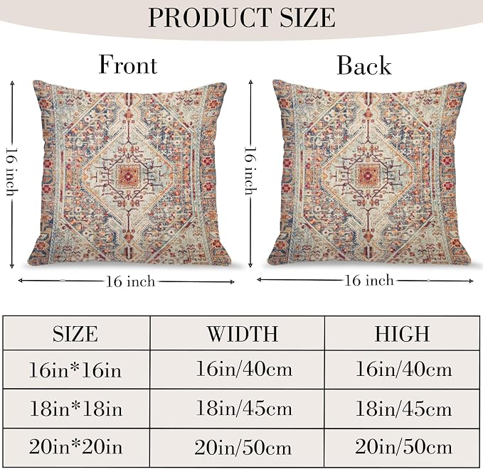 Boho Throw Pillow Covers 16x16 inch Set of 2,Bohemian Vintage Carpet Pattern Antique Ethnic Decor Double Sided Pattern Cushion Cover Soft Pillow Case Living Sofa Room Bed Square Pillow Cover
