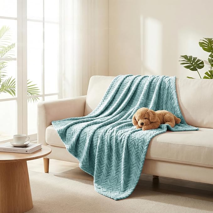 Exclusivo Mezcla Soft Fleece Blanket King Size for Bed, Sofa, Celadon | 90"x104" Breathable Lightweight Flannel Blanket for Summer, Plush Cozy Jacquard Wave for Home Decor