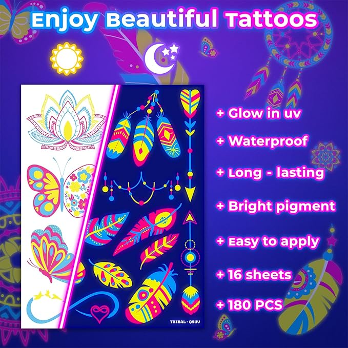 180PCS Tribal Glow in the Dark Pre-Cut Temporary Tattoos for Teens Adults | Glow Neon UV Blacklight Birthday Party Supplies, Favors, Decorations, Fake Tattoo Stickers, Rave Accessories, Gifts For
