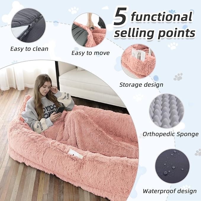 WROS Human Dog Bed for Adult, 71"x45"x12" Giant Calming Nest Beds, Pink | Washable Soft Faux Fur Cover, Orthopedic Foam Support, Non-slip Bottom, Includes Blanket, Strap & Pillow