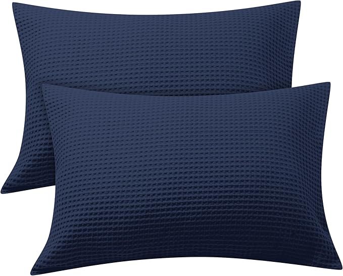 100% Egyptian Cotton 600 TC Waffle Weave Pillowcases Queen Size 2 Pack | Ultra Soft Pillow Shams with Envelope Closure, Breathable Skin-Friendly Decorative Bed Pillow Case, Navy Blue, 20"x30"