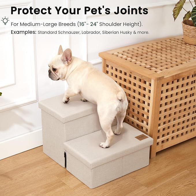 Love's cabin Dog Stairs for High Bed, Foldable Pet Stairs for Small Medium or Large Dogs Puppy with Storage for Bed or Couch, Cat Dog Steps Ramp with Zip up to 200 lbs, Beige, 2 Steps