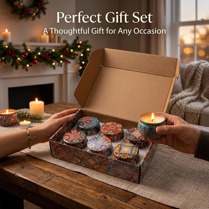 Topadorn 6 Pack Scented Candles Gift Set, Soy Wax Aromatherapy Candles in Decorative Boho Tins, Lavender Vanilla Jasmine Gardenia Lemon Rosemary, Candle Gift Box for Women & Home Decor