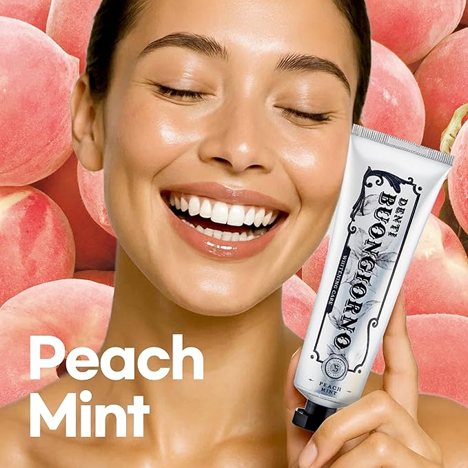 DENTI BUONGIORNO Peach Mint WHITENING Toothpaste (Peach Mint) – Fluoride Free, Advanced Hydrogen Peroxide for Coffee Stains & Yellow Teeth, Anti-Plaque & Enamel Safe, Paraben Free (3.52fl oz / 100g)