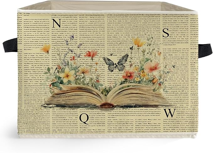 Vintage Book Storage Box Bins, Reading Corner Nook Room Decor, Bookish Librarian Gifts Collapsible Storage Basket Organizer for Home Library Classroom Clothes Books