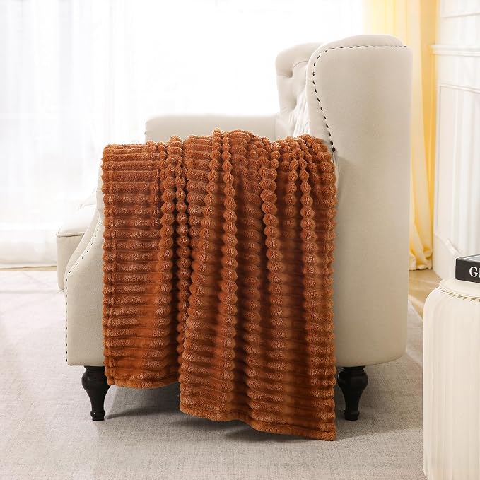 Burnt Orange Fleece Throw Blanket 60”×80” for Couch Sofa Livingroom | Linecooo Super Soft Cozy Plush Microfiber Flannel Bed Blanket Striped Design Lightweight Home Decor Gifts for Adult Mom Women