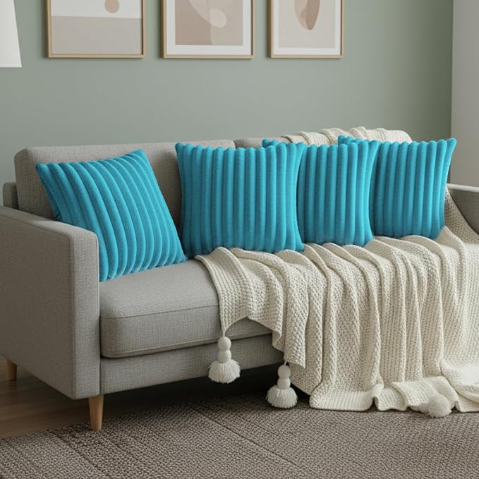 Blue Throw Pillow Covers 16 x 16 Set of 4, Cute Boho Throw Pillow Cover for Couch/Bed, Decorative Pillows Covers for Sofa/Bed, Accent Pillow Covers for Living Room, Rustic/Home/Room Decor