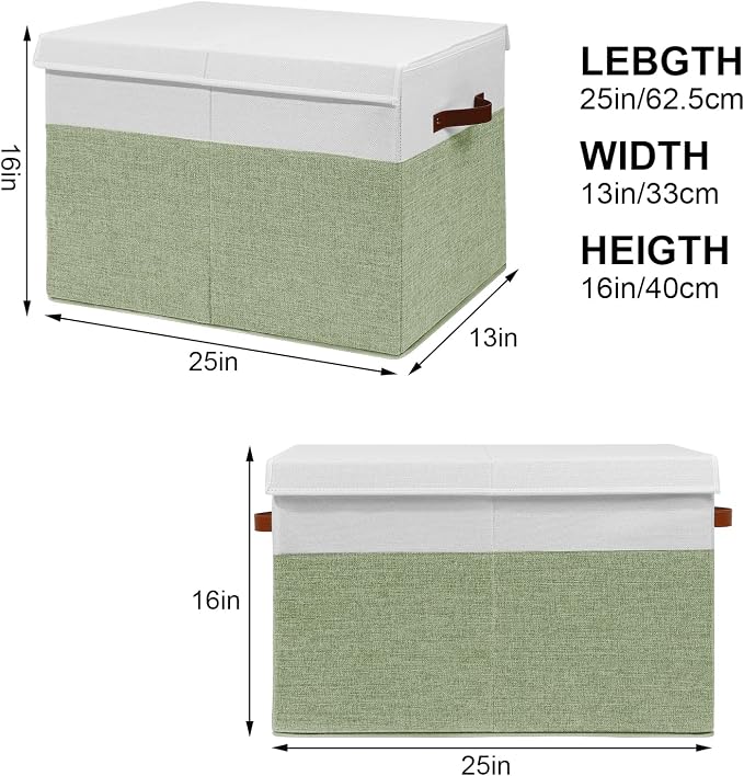 Large Toy Storage Box with Lid, Toy Chest Bin Boxes Basket with Dividers | Sturdy Toy Organizer Bin for Kids, Boys, Girls, Nursery, Living Room, Bedroom, Playroom 25"x13" x16" (Green and White)