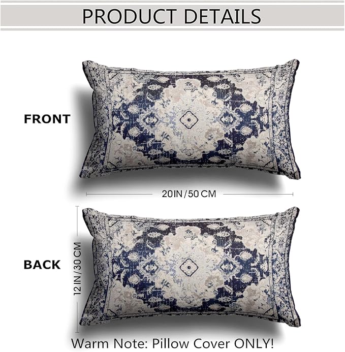 Snycler Boho Throw Pillow Covers 12x20 inch Set of 2 Boho Rug Carpet Double Sided Pattern Cotton Soft Pillow Case Cushion Cover Pillowcase for Couch Sofa Bed Decorative (Navy Blue)