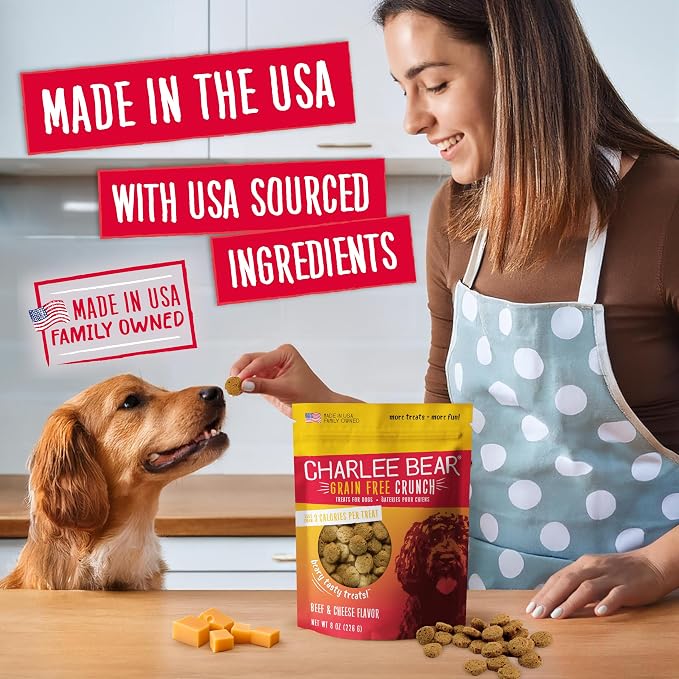 Charlee Bear Grain Free Dog Treats, Beef & Cheese, 8 oz | Pocket-sized Dog Training Treats, Crunchy Dog Treats, Limited Ingredient Recipe, Under 3 Calories per Treat, Made in USA