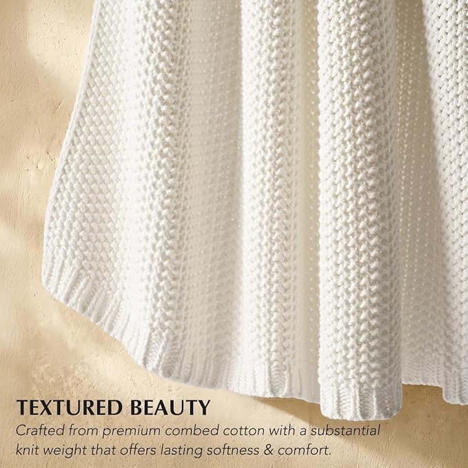 Organic Cotton Chunky Knit Throw Blanket, 60 x 80 Bright White | OCS Certified Organic Cotton, Seed Stitch Knit, Soft & Breathable, Cozy Midweight, Decorative Throw for Couch, Bed & Sofa