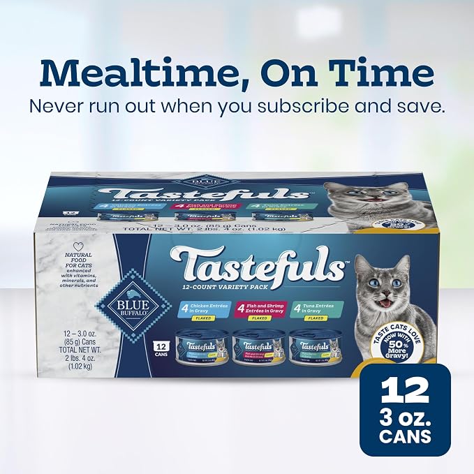 Blue Buffalo Tastefuls Variety Pack Wet Cat Food, 3 oz, 12 ct | Tuna, Chicken & Fish and Shrimp Entrées in Gravy (4 of Each), No Corn, Wheat, or Soy