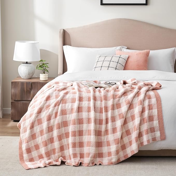 Snuggle Sac Buffalo Plaid Bedding Blanket Twin Size, Super Soft, Cozy Warm Knit Decorative Blankets, Reversible Plaid Fluffy Throws for Bed, Plaid Pink, 60x80 Inches