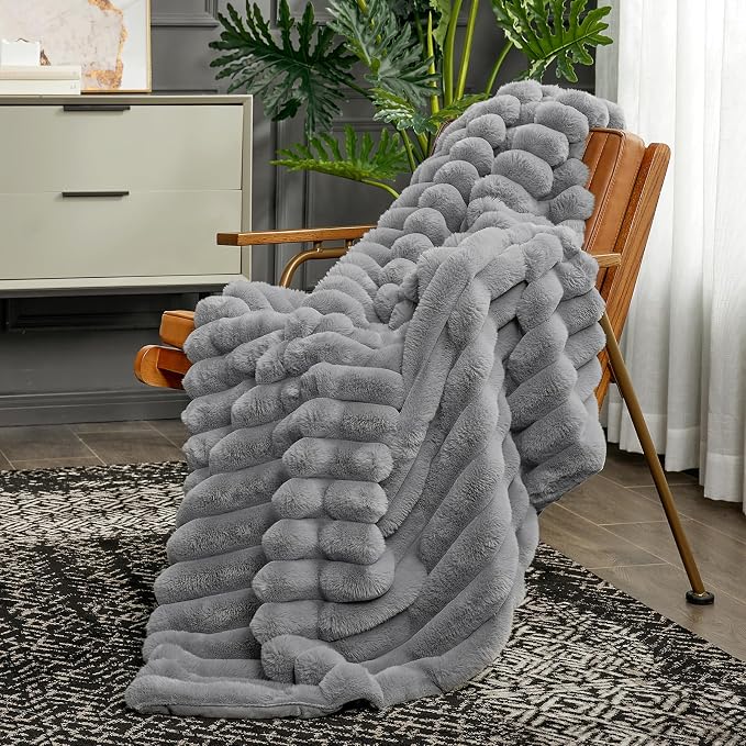 Cozy Bliss Faux Fur Throw Blanket for Couch, Cozy Warm Plush Striped Blanket for Sofa Bedroom Living Room, 50 * 60 Inches Gray
