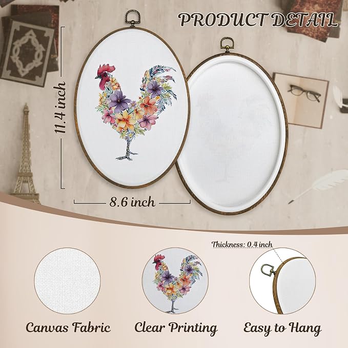 LKETW Floral Chicken Oval Wall Art Decor, Rustic Cottagecore Flower Chicken Oval Canvas Hanging Decor, Farmhouse Farm Animal Wall Decorations for Kitchen Home Bedroom Living Room, 8.6x11.4 Inch