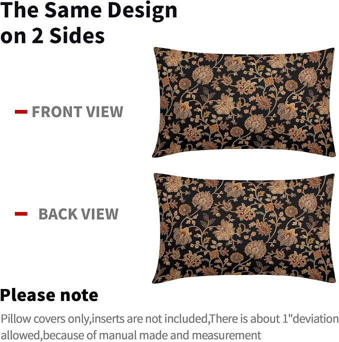 Black Brown Floral Lumbar Pillow Covers 12X20 Inch Set of 2 Vintage Boho Carpet Flowers Decorative Pillow Cases Leaves Plant Cotton Linen Cushion Case Farmhouse Home Decor For Sofa Couch Living Room
