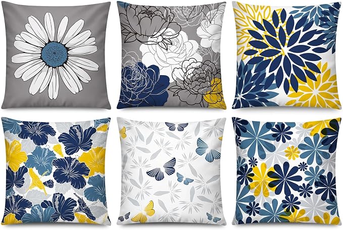 Navy Yellow Throw Pillow Covers 16x16 Set 6 Farmhouse Floral Home Decor | Decorative Flower Bloom, Daisy Dahlia Cushion Cover, Breathable Linen, Accent Pillow, Chair, Small Sofa, Spring Home Decor