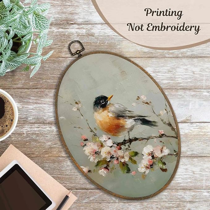 LKETW Vintage Bird Floral Oval Wall Art Decor, Rustic Farmhouse Oval Canvas Hanging Decor, Cottagecore Botanical Bird Flower Wall Decorations for Home Bedroom Living Room, 8.6x11.4 Inch