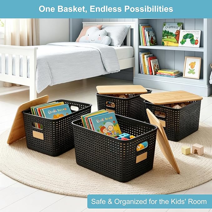 2 Pack Tall Plastic Storage Bins with Bamboo Lids, 10.8qt Stackable Storages Baskets for Organizing Desktop Closet Playroom Classroom Office, 12"L x 8.3"W x 6.1"H, Black