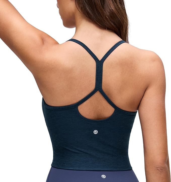 CRZ YOGA Cut-Out Y Back Crop Tank Tops for Women - Scoop Neck Spaghetti Strap Racerback Yoga Longline Sports Bra Non Padded