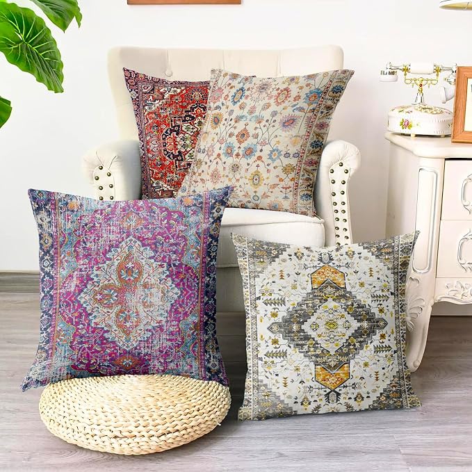 Boho Throw Pillow Covers 16x16 inch Set of 2,Soft Pillowcases Bohemia Carpet Printing Pattern Decorative Sofa Living Room Bed Square Pillow Case Cushion Cover-Purple