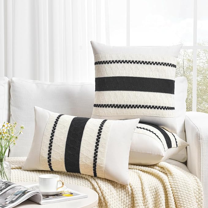 Fancy Homi Set of 1 Boho Black Big Decorative Throw Pillow Cover 24x24 Inch for Couch Bed Bedroom, Aesthetic Modern Organic Farmhouse Room Decor, Soft Cotton Accent Macrame Woven Cushion Case