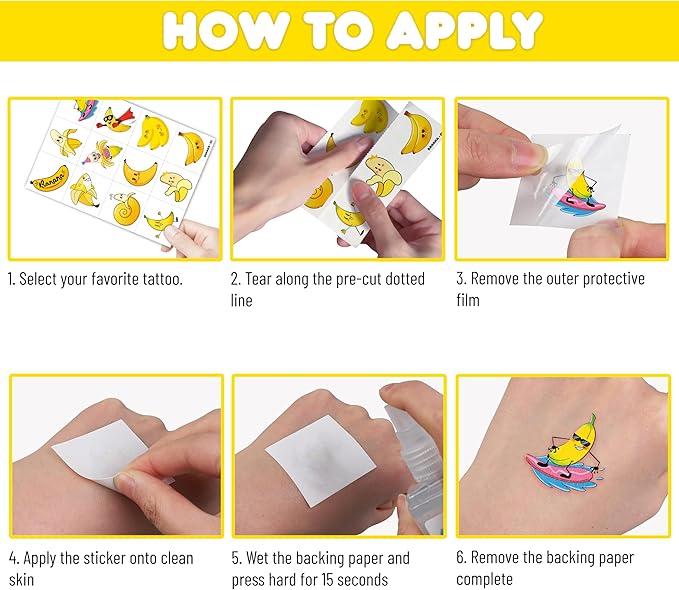 96PCS Banana Pre-Cut Temporary Tattoos for Kids | Super Cute Themed Birthday Party Favors, Supplies, Decorations, Cute Funny Fruit Fake Tattoo Stickers, School Rewards Prizes & Gifts for Boys & Girls