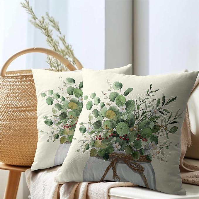 Kawani Eucalyptus Leaves Throw Pillow Covers 22x22 Inch 2Pcs Green Sage Leaf White Flowers Mason Jar Farmhouse Pillowcases Cotton Linen Cushion Cover for Couch Sofa Bed Summer Home Decor