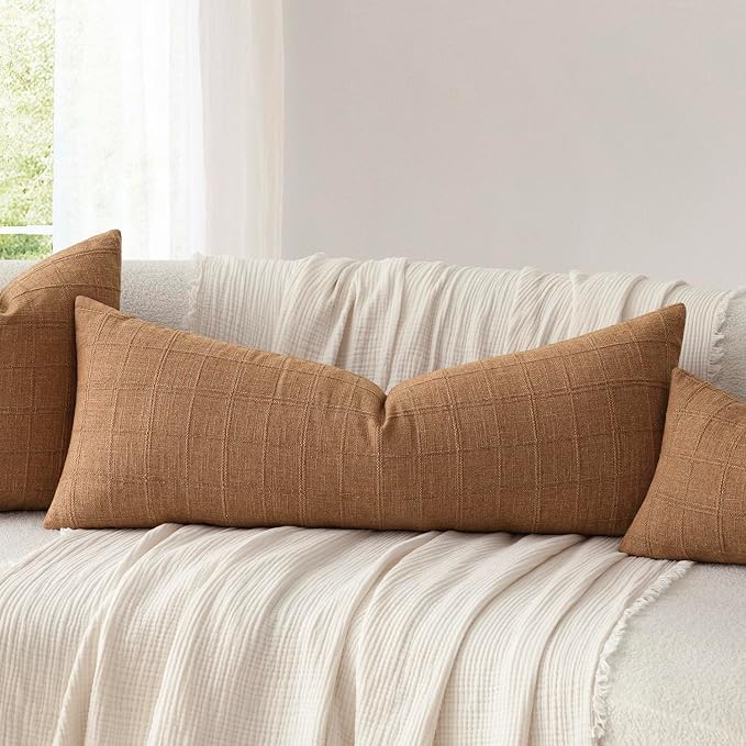 Foindtower Set of 2 Decorative Linen Check Throw Pillow Covers Neutral Farmhouse Vintage Cushion Covers Cozy Modern Boho Home Decor for Sofa Chair Couch Bedroom Living Room,14×36 Inch,Brick
