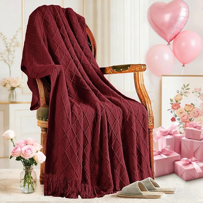 inhand Claret Knitted Throw Blanket for Couch and Bed, 60"x80" | Gifts for Mom from Daughter Son, Soft Lightweight with Tassel, Farmhouse Warm Decorative Blanket for Women, Cozy Knit
