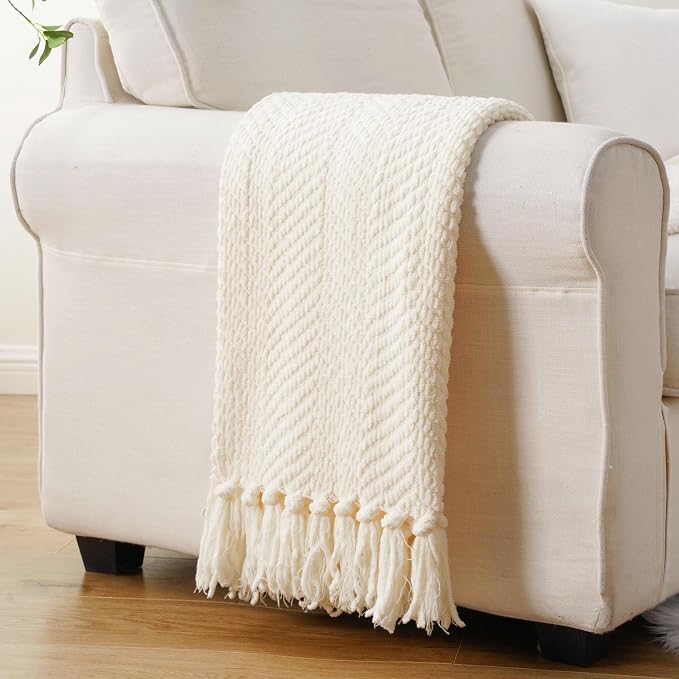 BATTILO HOME Cream Ivory Throw Blanket for Couch, 60"x80" | Textured Knitted Throw Blanket with Tassels, Couch Cover Blanket Warm Decorative White Throw Blankets for Sofa Living Room
