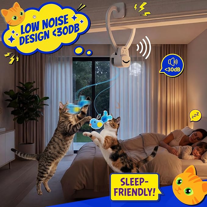 CATPICK Interactive Doorway Cat Toy, No-Adhesive Clip-On for Indoor Cats | Automatic Retractable bird-and-mouse motion with 8-minute auto-play, touch-to-wake response, USB charging, 2 birds & 1 mouse