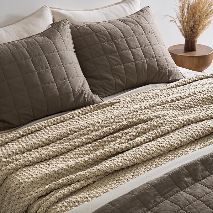 EVERGRACEHOME Chunky Chenille Knit Throw Blanket, 90 x 90, Sand Dune | Sculpted Moss Stitch, Chic Modern Farmhouse, All-Season Warmth, OEKO-TEX® Certified, Oversized Queen for Couch, Bed, Sofa
