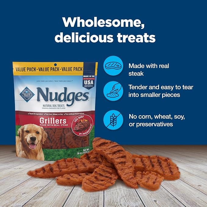 Blue Buffalo Nudges Grillers Natural Dog Treats with Real USA Beef, Made in the USA, Steak, 36-oz Bag (Pack of 3)