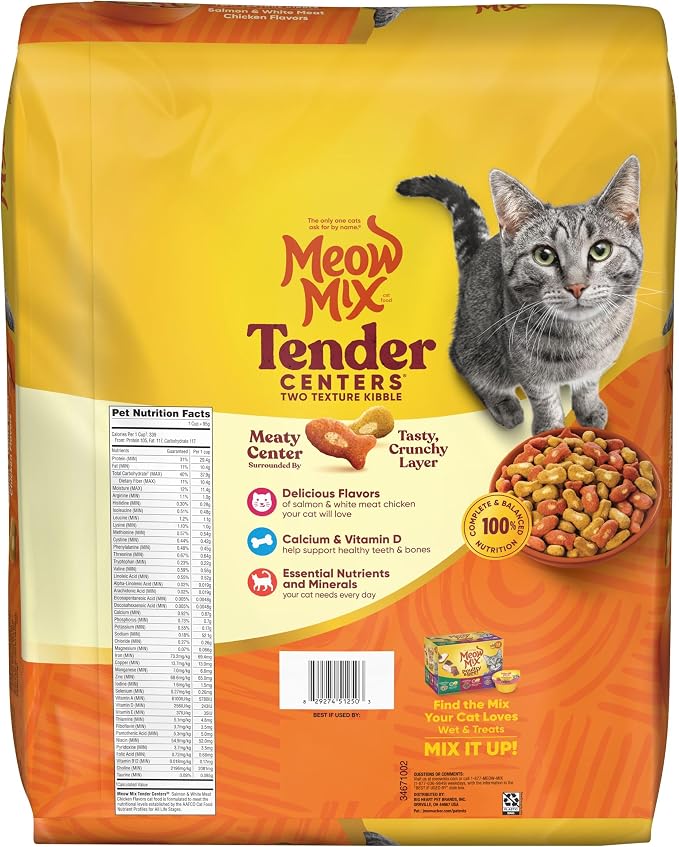 Meow Mix Tender Centers Salmon & White Meat Chicken Flavors Cat Food,3 Pound,Crunchy Outside Meaty Inside,(Pack of 8)